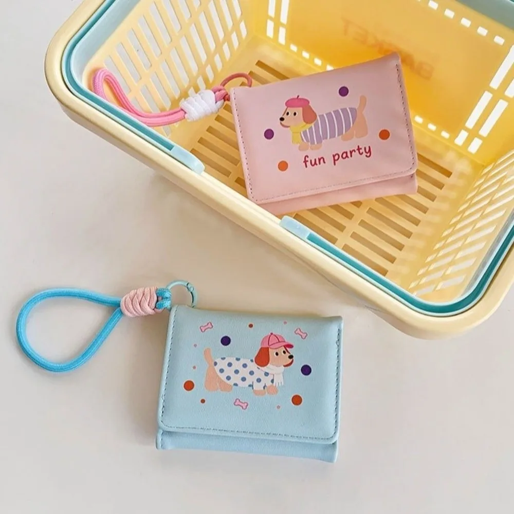 Portable PU Dachshund Dog Wallet PU Leather Cartoon Leather Card Holder Dopamine Color With Lanyard Short Purse Girls