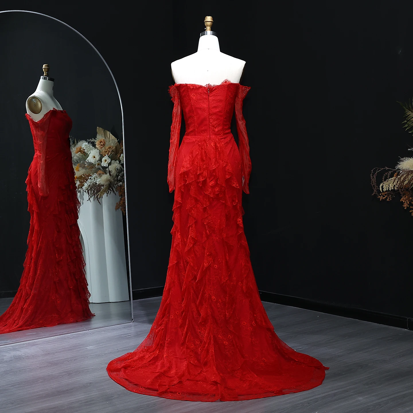 Sharon Said Black Lace Off Shoulder Evening Dress with Long Sleeves Mermaid for Woman Wedding Arabic Prom Gown SF519 Customized image 6