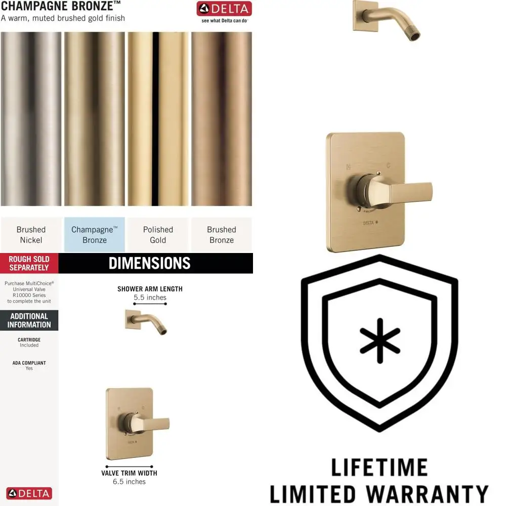 Single-Function Gold Shower Trim Kit with Handle, Champagne Bronze Finish T14237-CZLHD (Shower Not Included)