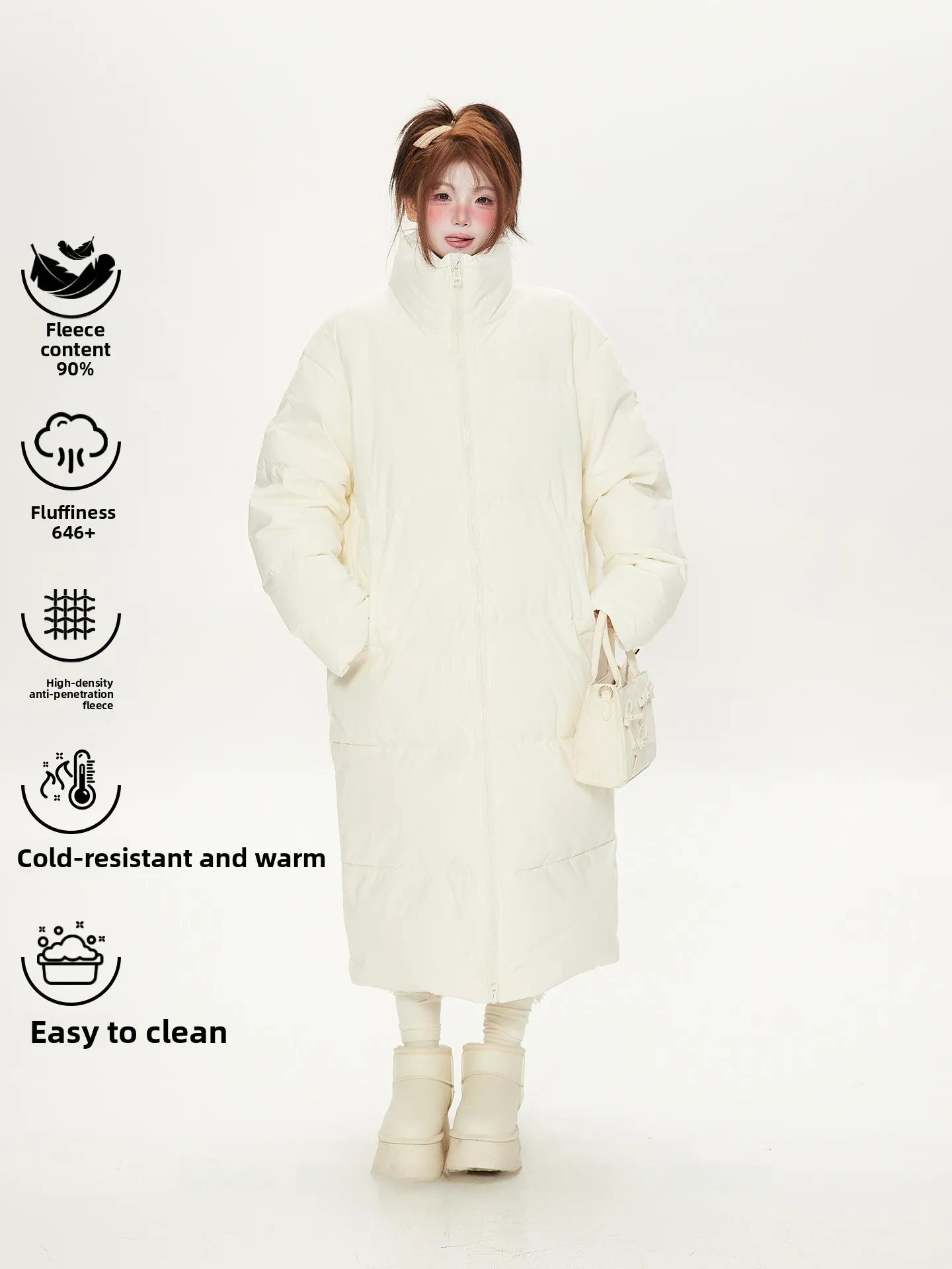 

Long Over-Knee Women's down Jaet White Du Feather Loose Fit Stand Collar Tee-Resistant Fabric Winter Warm Cold Proof