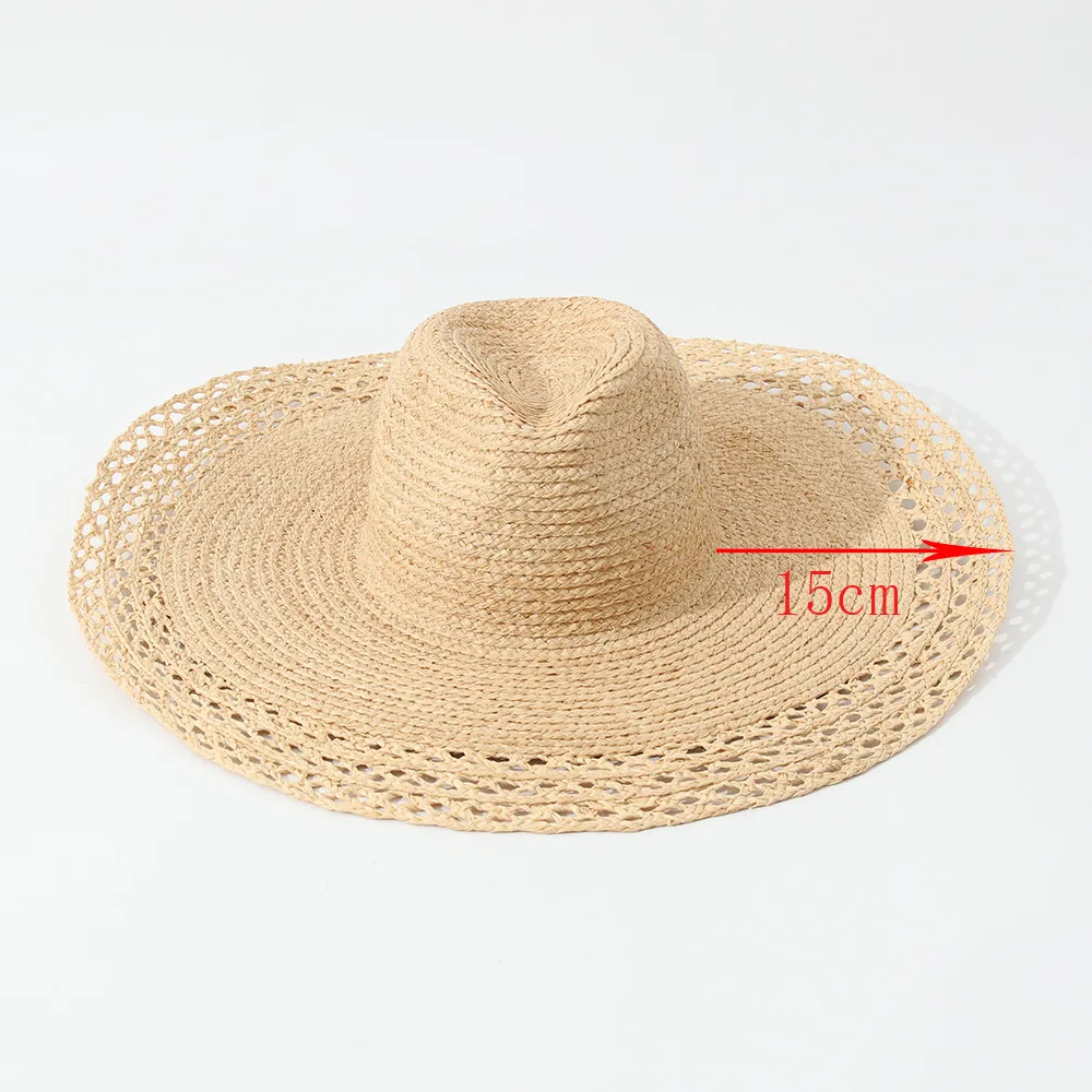 European Fashion 15cm Wide Brim Beach Hat, Hand Woven Hollow Edge Rafia Straw Sun Cap, Cross Border Hot Sale