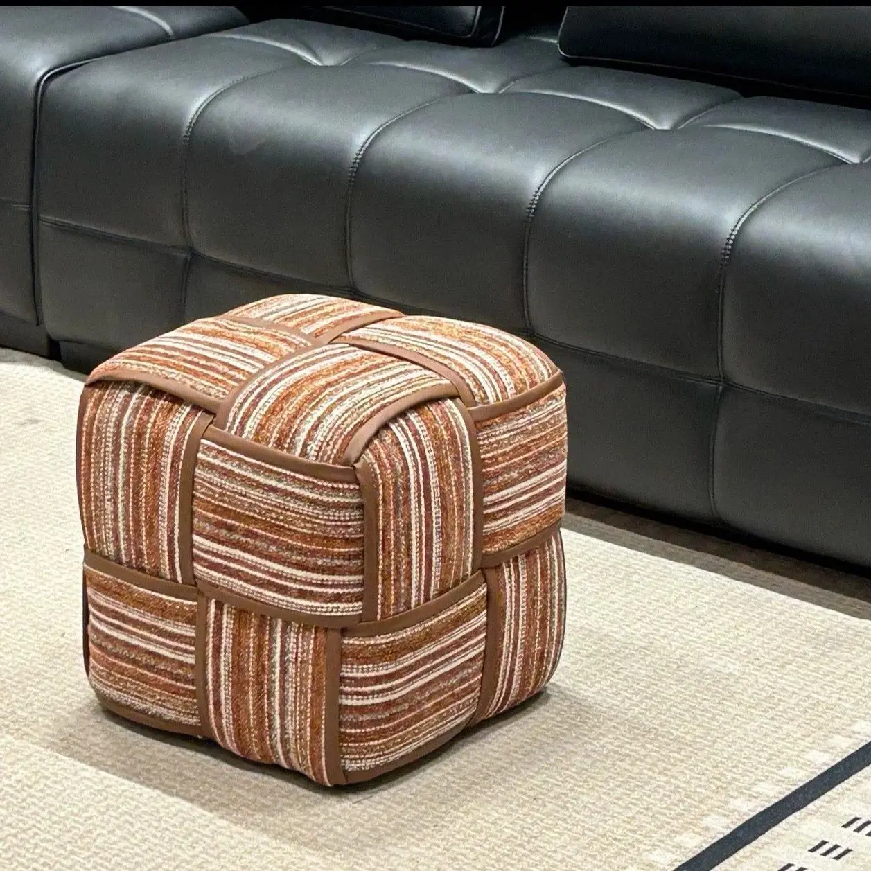 Vintage Entryway Shoe Bench, Mid-Century Modern Ottoman Footstool,Rustic Low Stool for Living Room Bedroom,Upholstered Cube Seat