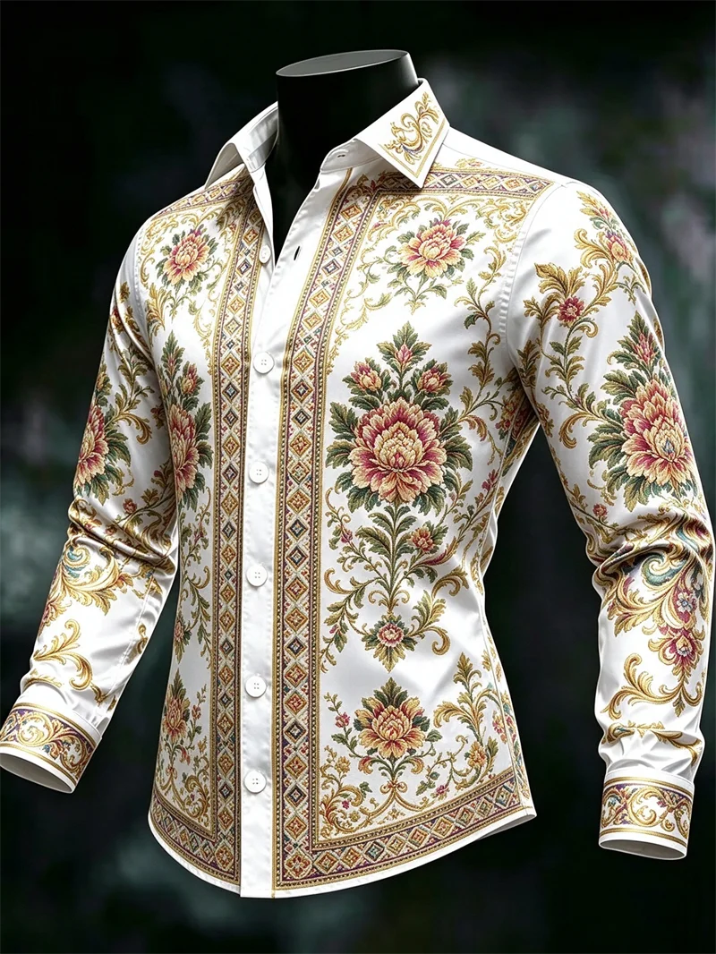 New Classic Peony Men's Long Sleeve Shirt with Golden Curly Grass Border and Palace Style Printed Shirt