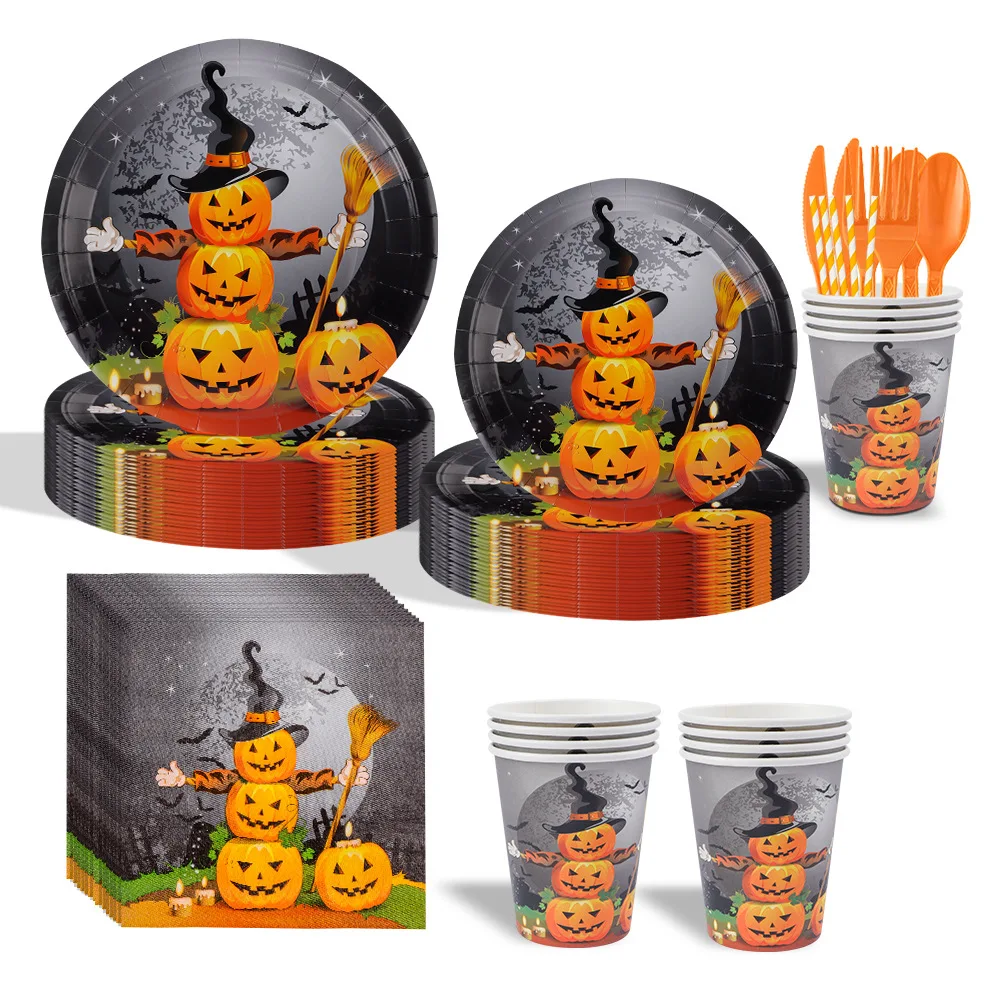 

90Pcs Halloween Pumpkin Tableware Set Disposable Party Plates Cups Napkins Spooky Themed Decors Holiday Festival Party supplies