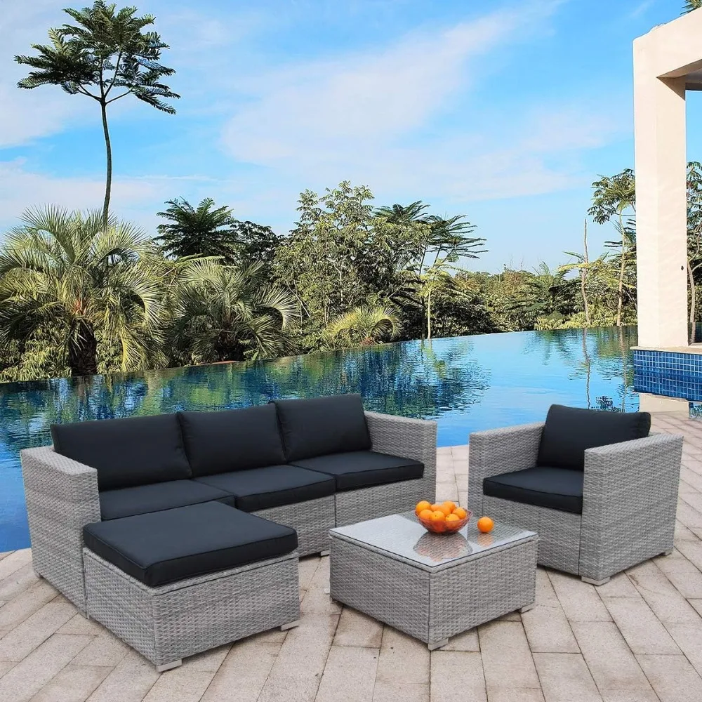 

6pcs Patio Furniture Set, PE Rattan Wicker Sectional Outdoor Sofa Set w/Washable Seat Cushions & Modern Glass Coffee Table