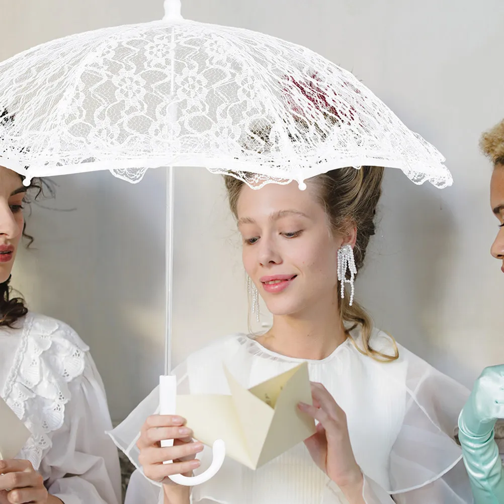 2Pcs Lace Wedding Parasol Umbrella White Elegant Bridal Photo Shoot Prop Stage Performance Tea Party Decor Compact Portable