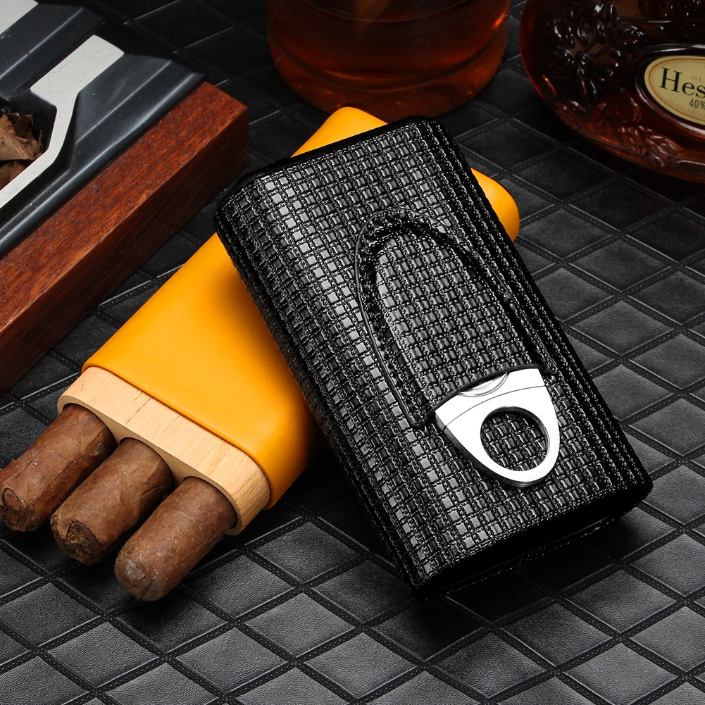 GALINER Gadget Cigar Case Leather Cigar Travel Case Pocket Cedar Wood Cigar Humidor Holder W/ow Cigars Cutter Gift Box