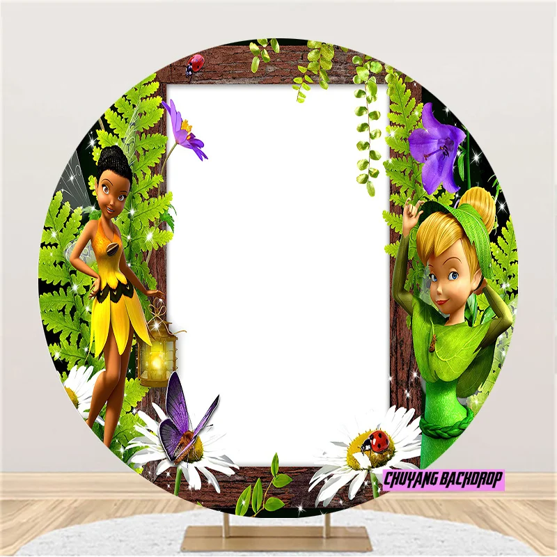 Elastic Princess Tinker Bell Flower Fairy Backdrop Round Cover Girls Birthday Party Photography Backdrop Studio Decor Banner