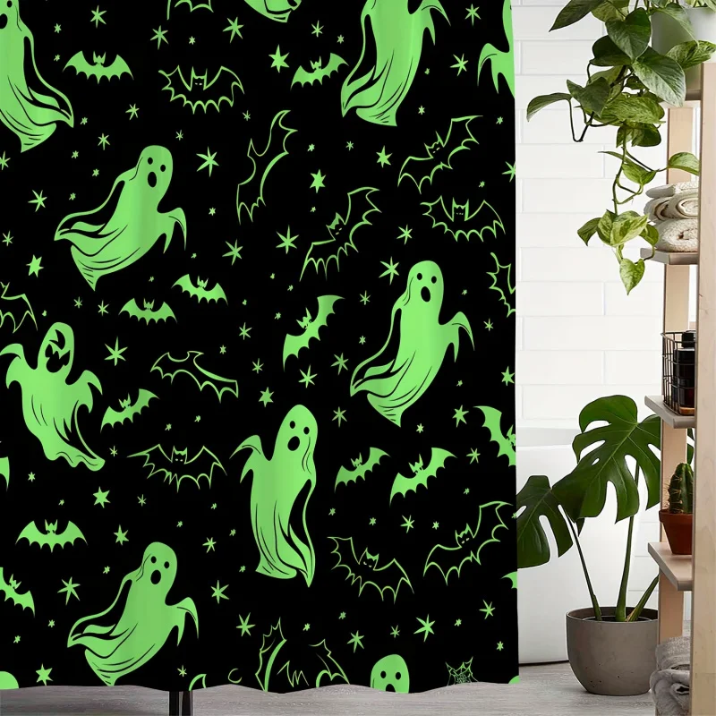 Water-resistant Polyester Halloween Shower Curtain with Glow-in-the-Dark Ghosts and Bats Pattern, Arts Themed Bathroom Accessory