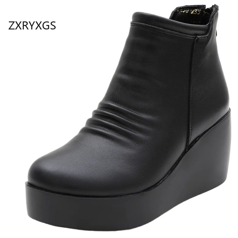 

ZXRYXGS/одинарные ботинки из натуральной яловой кожи премиум-класса, обувь на платформе, ботинки на танкетке, зимние женские ботинки на высоком каблуке 2025, зимние женские ботинки