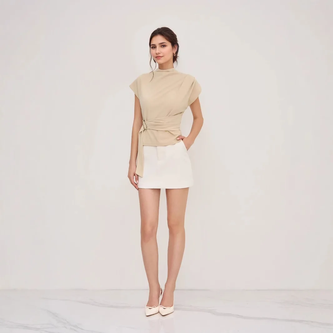 High Quality Hot Selling Wholesale Spring Autumn Fashion Simple Semi High Collar Temperament Short Sleeved Slim Button Top Women