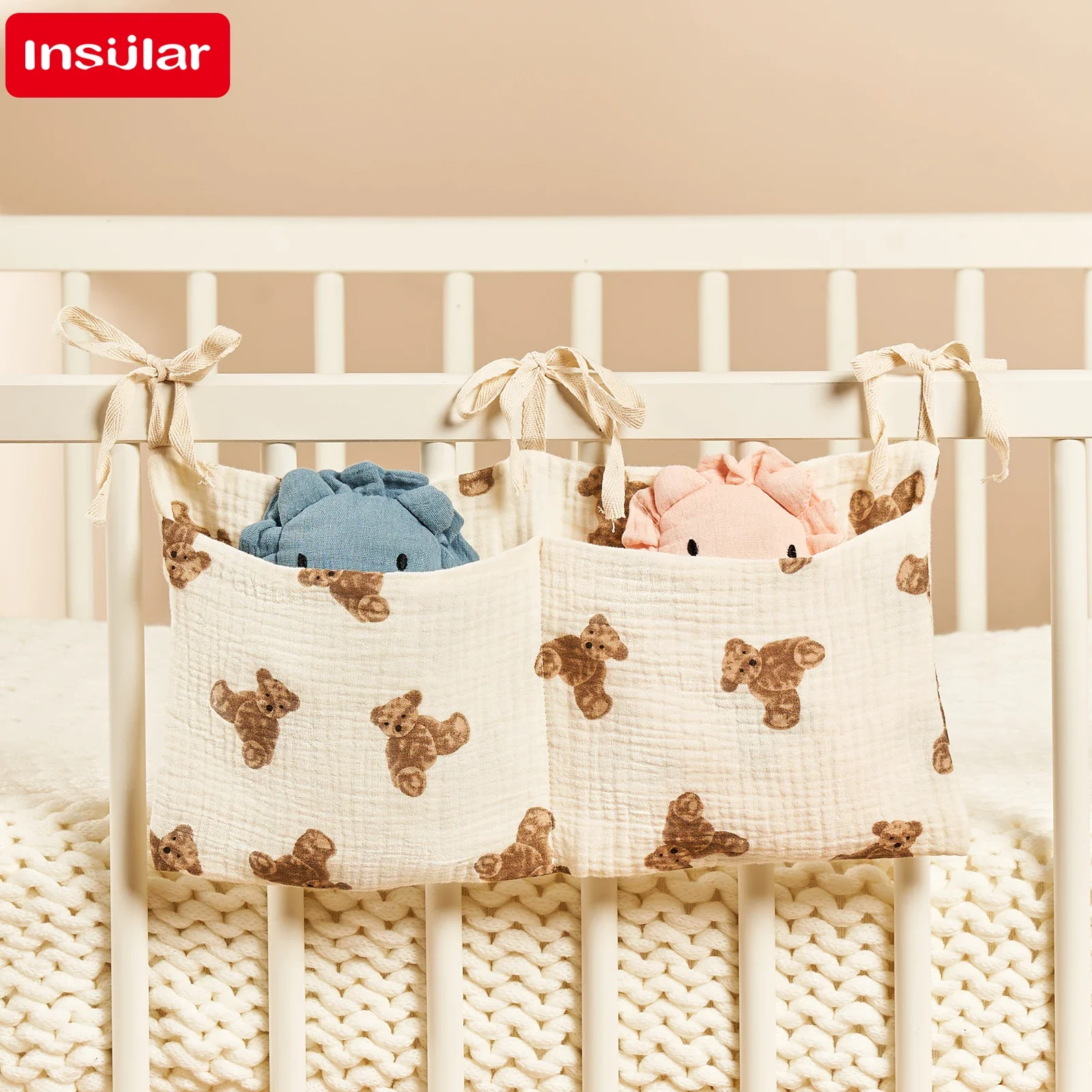 Baby Crib Organizer Cot Caddy Bed Storage Bag 2 Pockets Bedside Hanging Diaper Pure Cotton Organizer for Diapers Toys Clothing