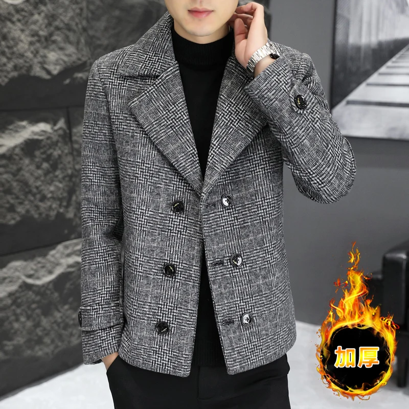 British Style Winter Men\'s Woolen Jacket Double Breasted Thickened and Warm Suit Jacket Casual Business Social Trench Coat M-4XL
