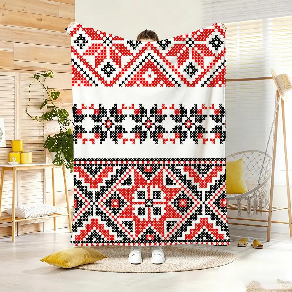 Ukrainian Ethnic Throw Blanket Vintage Slavic Cross Stitch Pattern Couch Sofa Soft Bedding Quilt Boho Geometric Room Decor