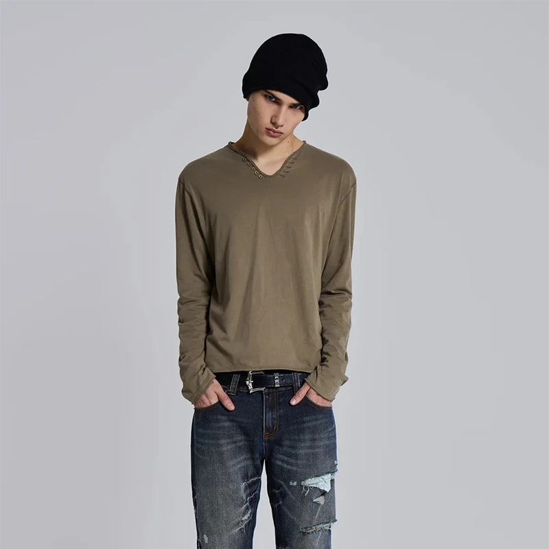 Abandoned soil made men's Henry collar deep khaki button print loose straight tube long sleeved shirt