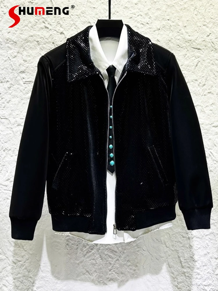

Men's 2025 Autumn Winter New Fashion Jackets Sequin Splicing Faux Leather Jackets Lapel Trendy Retro Loose Comfort Zipper Coats