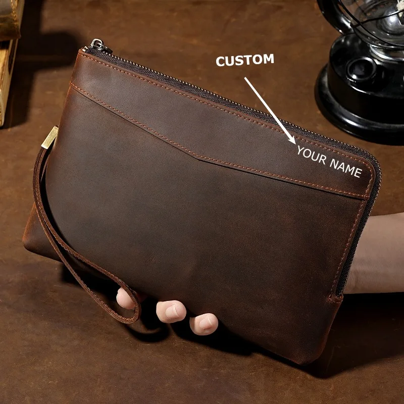 Engraved Custom Logo Crazy Horse Top Layer Cowhide Large Capacity Men Women Clutch Coin Purse Fits Card Cash Phone Tablet Gift