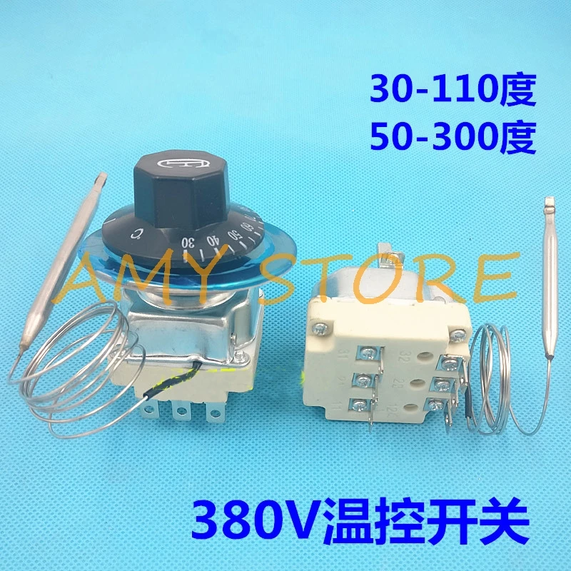 1Pc 6Pin 3Phase 380V 25A16A 30-110C50-300C Adjust Knob Probe TemperatureController Capillary ThermostatSwitch Boiler Tank Heater