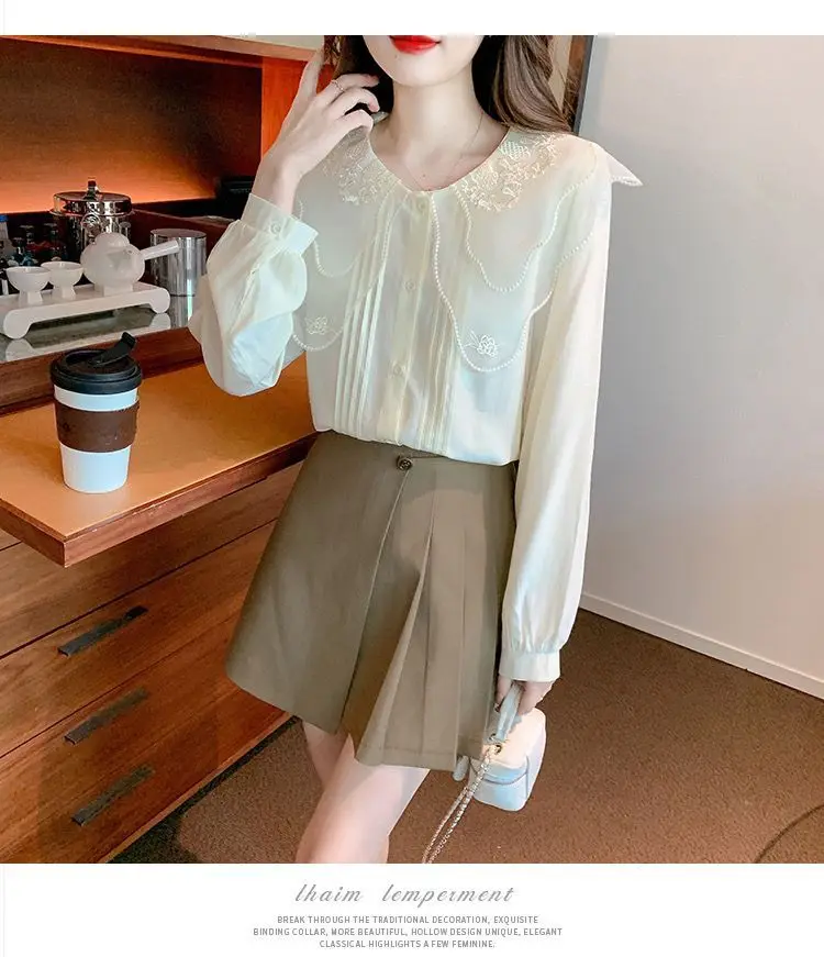 New French Doll Neck Chiffon Shirt for Women Long Sleeved Lace Versatile Stylish and Slimming Top