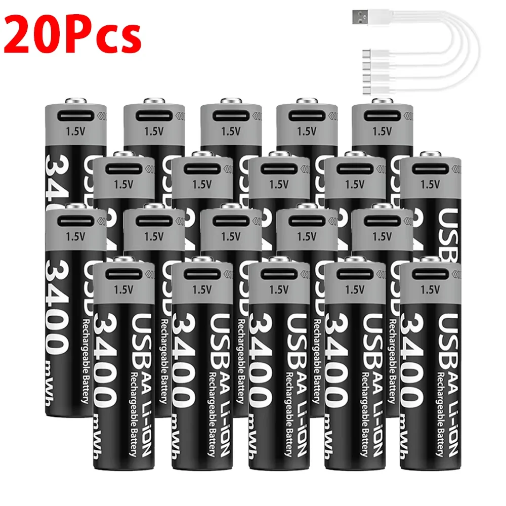 

2-20 шт. перезаряжаемых литий-ионных аккумуляторов AA USB 1,5 В 3400 мВт·ч, перезаряжаемые аккумуляторы AA Type-C для игрушек и пультов дистанционного управления
