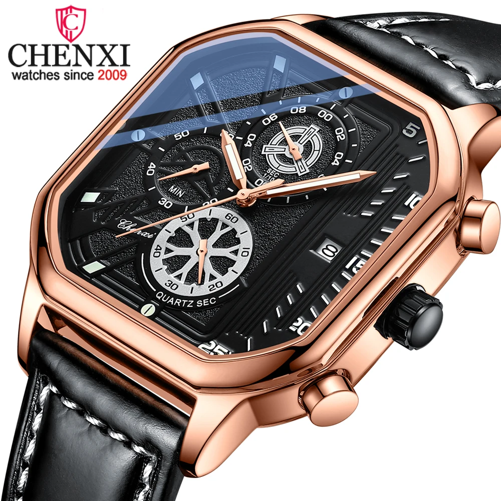 CHENXI New Fashion Square Sport Quartz Watch for Men Stainless Steel Waterproof Chronograph Date Multi-Functional Wristwatch