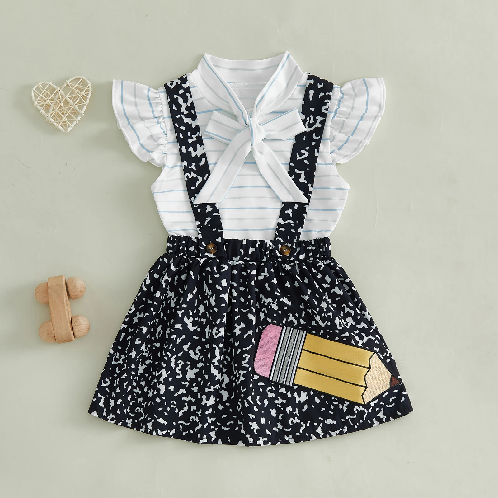 2-8Y Toddler Girl Back to School Outfit Lined Paper Stripe Print Tie Neck Flying Sleeve Shirt Tops Pencil Pattern Overall Skirt