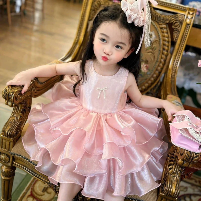 Pink Sleeveless Baby Girl Cake Dress Princess Birthday Party Wedding Flower Girl Children Lolita Tutu Gown Kids Formal Attire