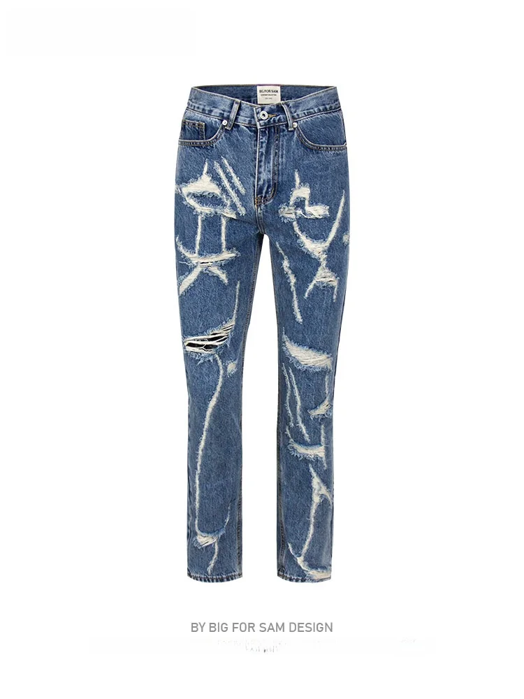 

Big for Sam Men's Distred Denim Jeans High Street Sle American Hip Hop Straight Leg Trousers Unpredictable Tear Hole Design