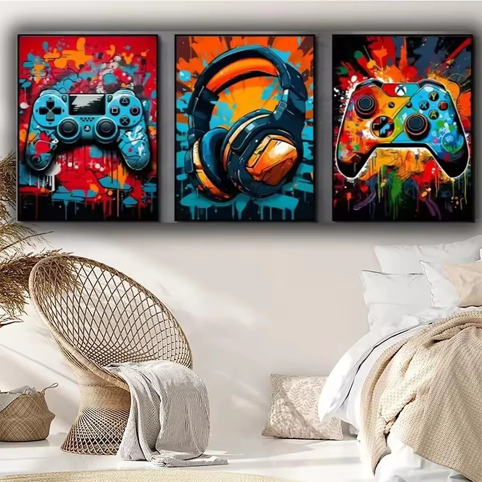 5d Gaming Graffiti Gamepad Earphone Diamond Painting 3pcsset,Full Diamond Mosaic Gamer Room Wall Decor Modern Funny Wall Art