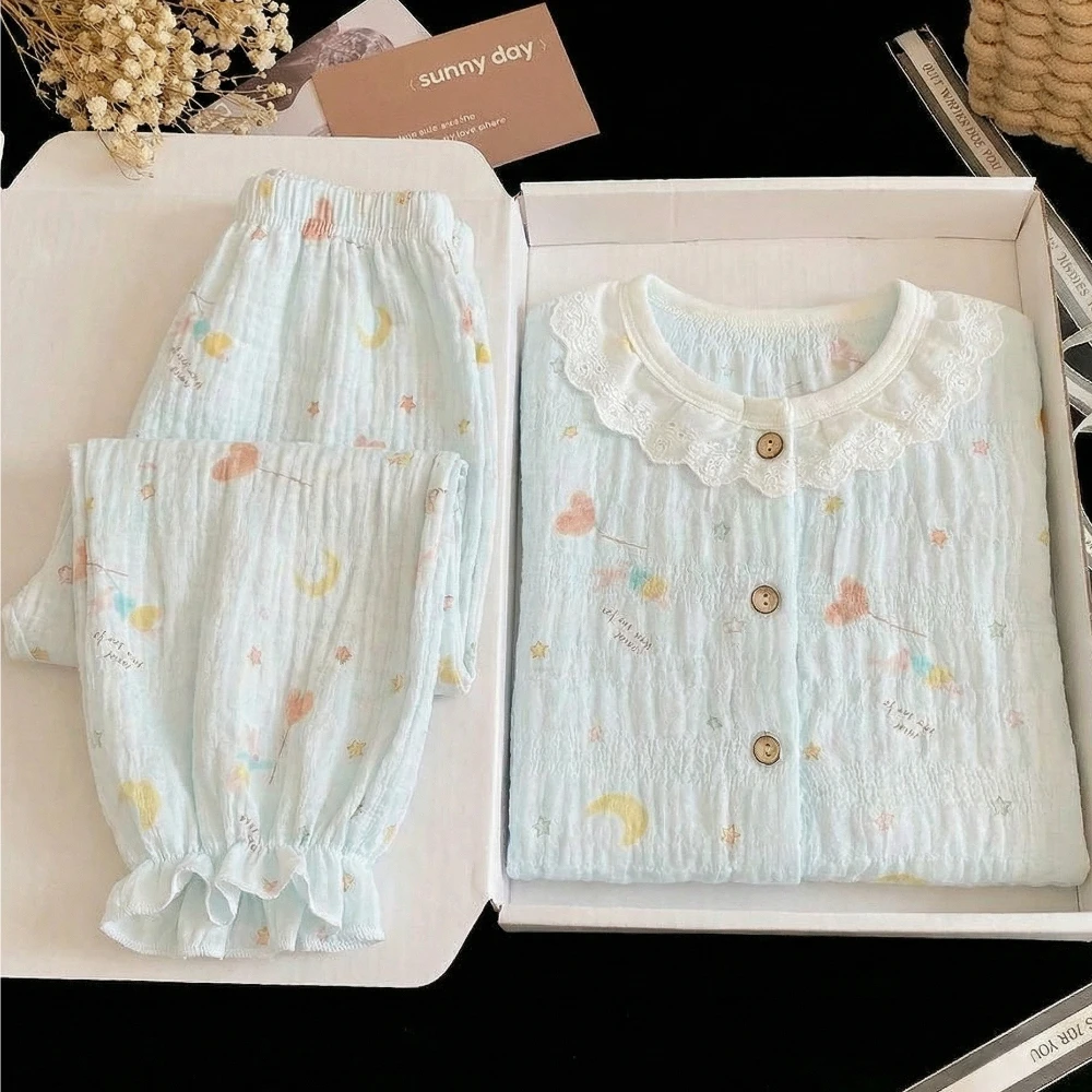 Summer Girls Floral Long Sleeve Home Clothes in Air-conditioned Room Kids Breathable Lace O Neck Pajamas Sets Child Sleepwears
