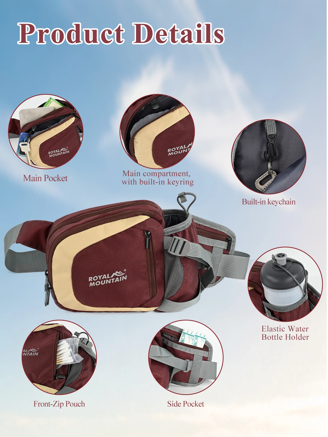 ROYAL MOUNTAIN funktionelle Hüfttasche mit mehreren Fächern, Schlüsselanhänger und einer unsichtbaren kleinen Innentasche, ideal zum Sport, Laufen und Wandern. – Detail 5