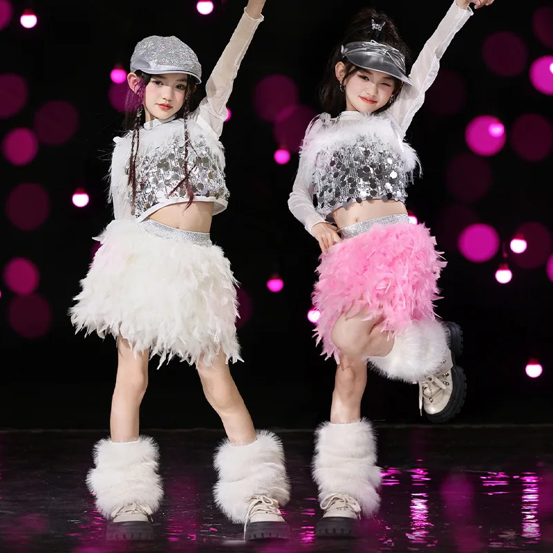 Hip Hop Sequins Jazz Dance Costume Street Dance Children Short Sleeve Crop Tops Short Skirt Outfits Kids Performance Dance Wear