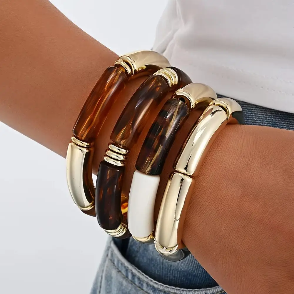 4pcs Leopard Print Bamboo Joint Bracelet Set Curved Tube Resin Gold Color Chunky Stackable Bangles for Women Fashion Jewelry New