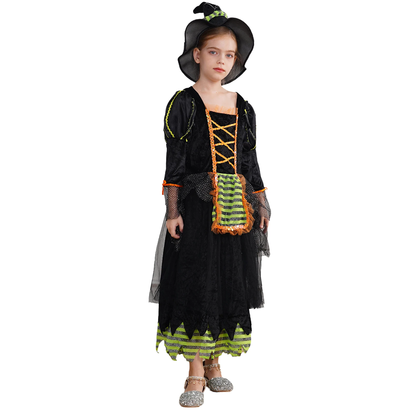 Girls Witch Dress Long Sleeve Shiny Sequin Mesh Sorceress Dresses with Hat Halloween Theme Party Cosplay Performance Costume