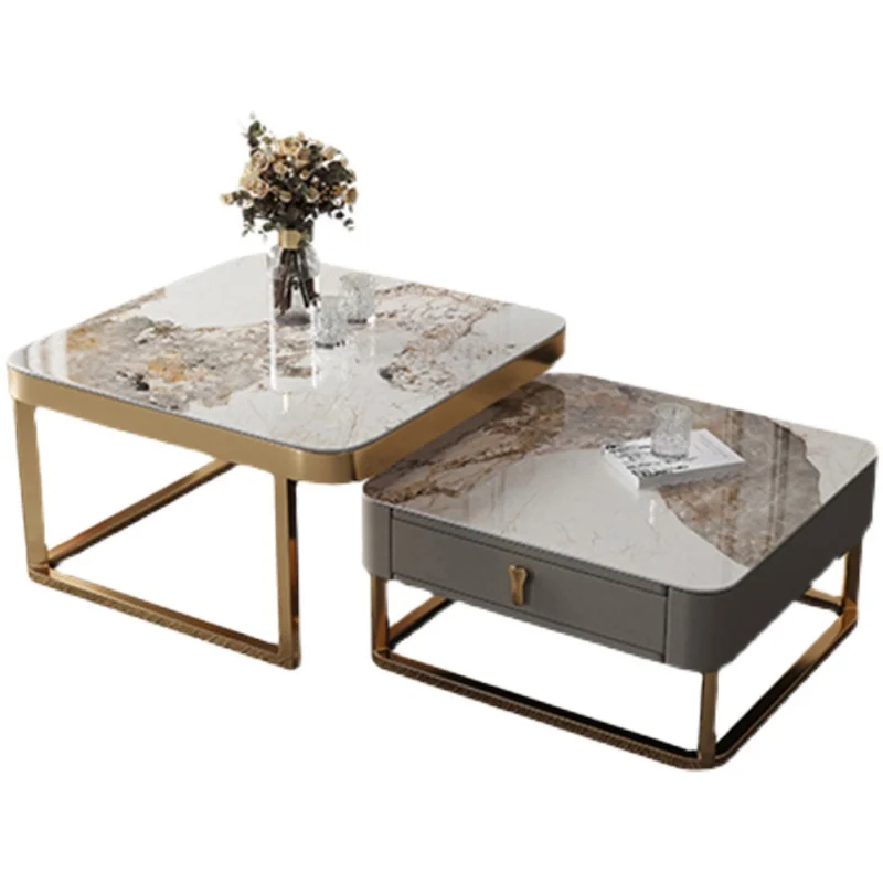 ￥#Modern Stainless Steel Gold Light Luxury Living Room Combined Square White Coffee Tables