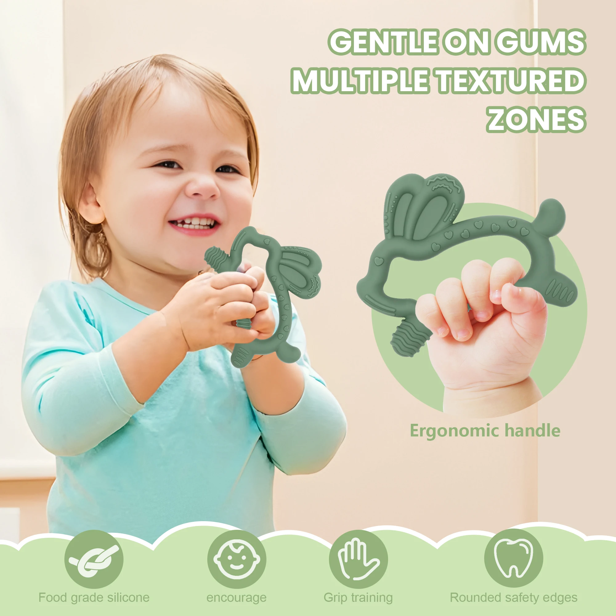 Jouet de dentition lapin animé, adapté aux bébés de 0 à 6 à 12 mois, jouet de dentition en silicone souple, silicone de qualité alimentaire.