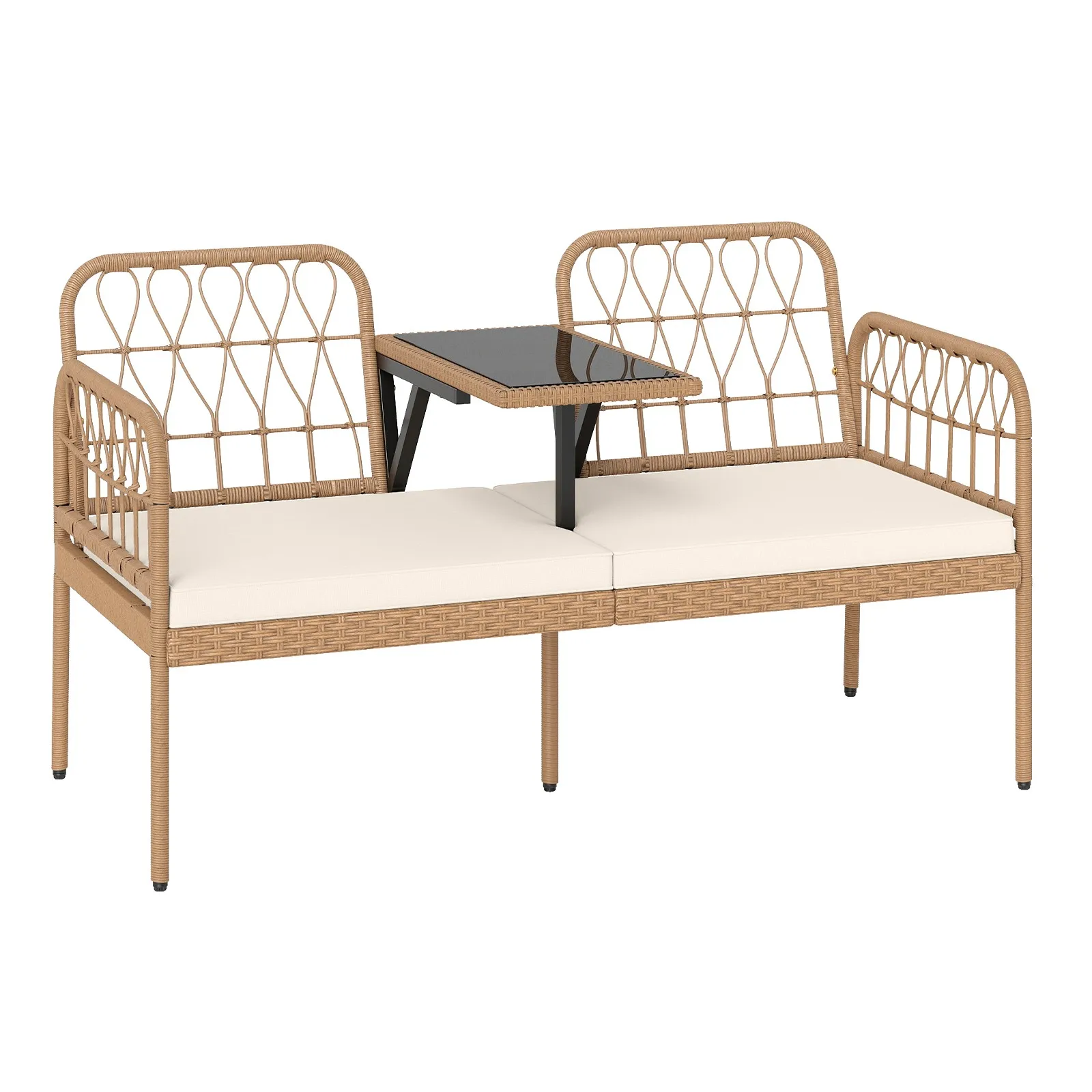 

Садовая двухместная кушетка из ротанга PE со встроенным кофейным столиком и мягкими подушками для газона