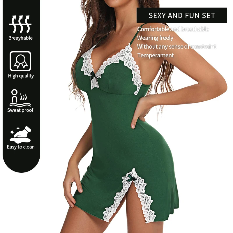 New Summer Fashion Sexy V-Neck Satin Lace Edge Dress Pajamas Women\'s Green Sexy Strap Home Dress Pajama Set