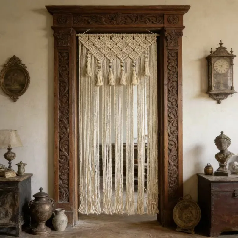 Handmade cotton rope woven door curtain, fringed partition curtain, bedroom balcony decorative curtain