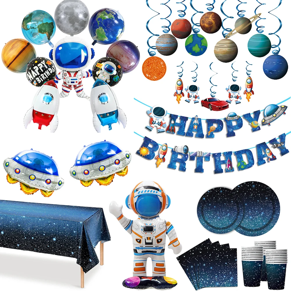 Outer Space Planet Party Tableware Tablecloth Plates Banner Foil Astronaut Balloon for Kids Galaxy Starry Night Party Decoration