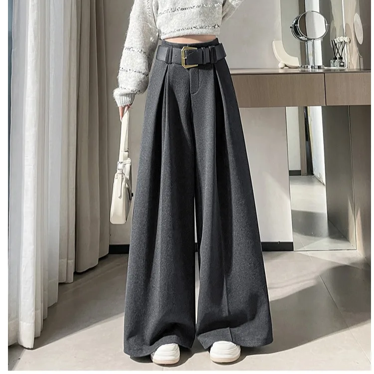 ارتفاع الخصر Fce اصطف الصوفية واسعة الساق السراويل النسائية دعوى عادية مستقيم الساق الطابق طول بنطلون الخريف الشتاء Faion #2