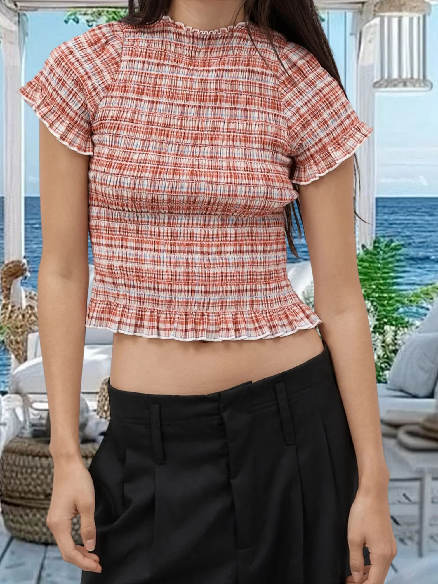 

Plaid Ruffle Blouse with Mock Neck and Short Sleeves Fit Crop Top for Women Casual Streetwear for Summer