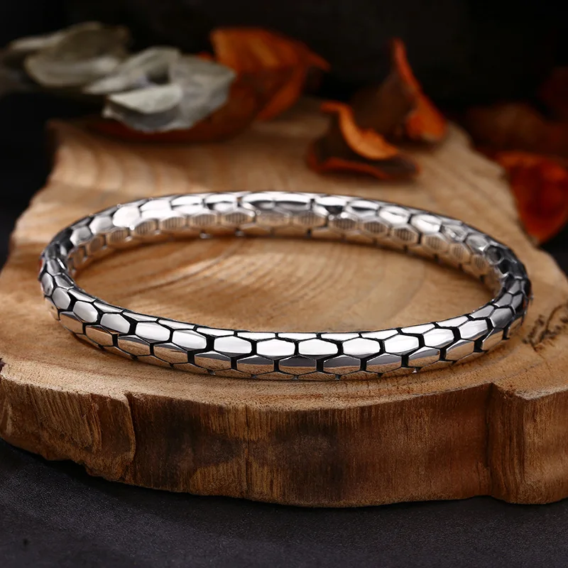 925 Sterling Snake Pattern Bracelet Bangle Thai Silver Vintage Jewelry