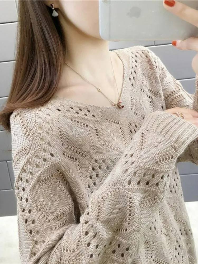 

Women's Long Sve Knitted Sweater V-Ne Loose Fit Hollow out Pullover Spring Autumn Faionable Thin Base Layer Top