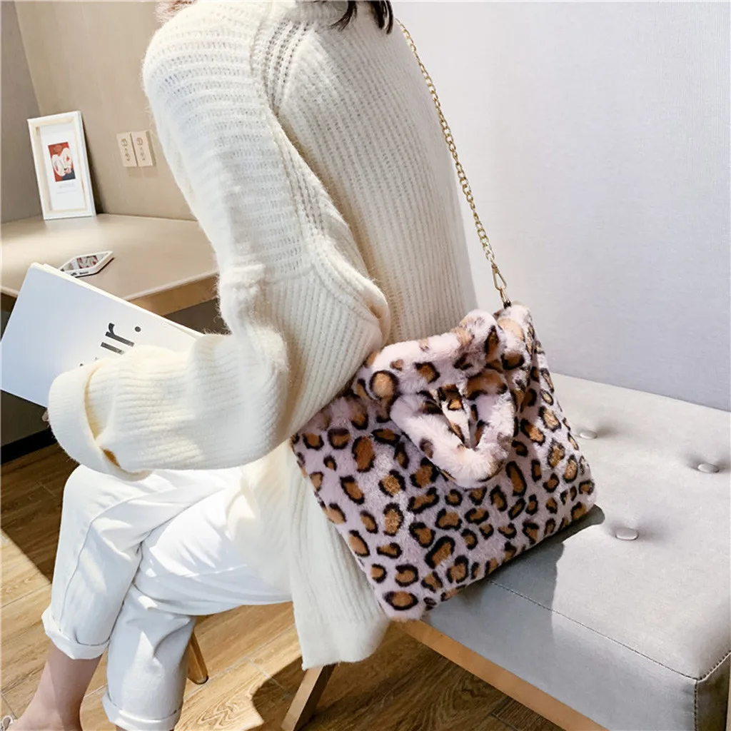 Fashion Woman Leopard Pattern Plush Handbags Autumn And Winter Shoulder Bag Mochilas Para Mujer Mochilas Femeninas Mochila Y2k