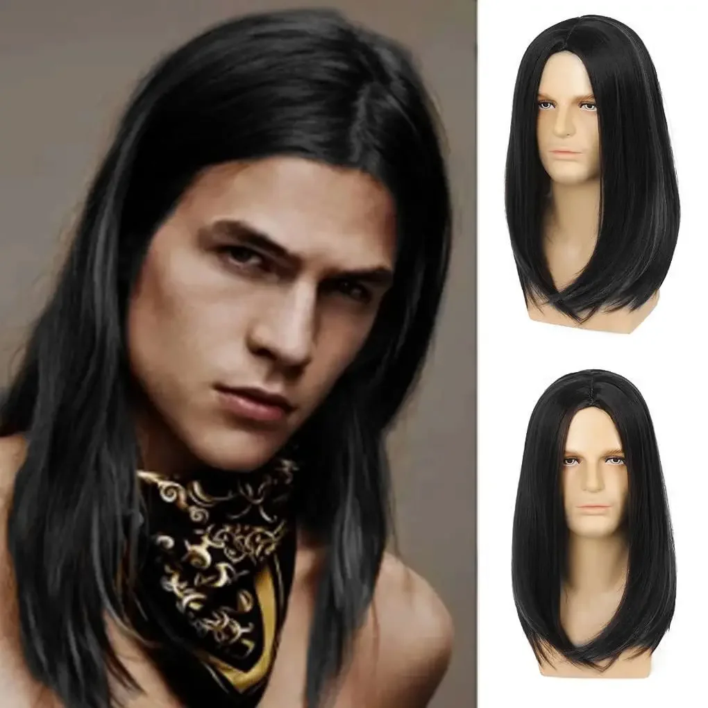 Peluca larga y recta de parte media negra para hombre, disponible en varios colores, postizo de moda para hombre, bloque superior de fibra asiática