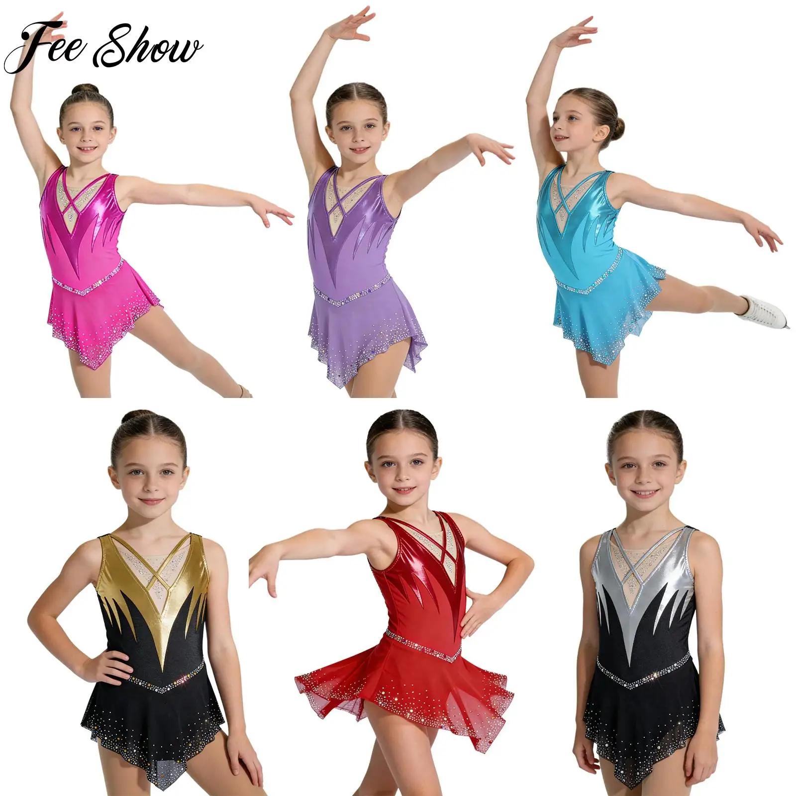 

Детское балетное трико для девочек, гимнастическое, для фигурного катания, танцевальное, без рукавов, с перекрестной передней частью, со стразами, сетчатое, для сценических выступлений