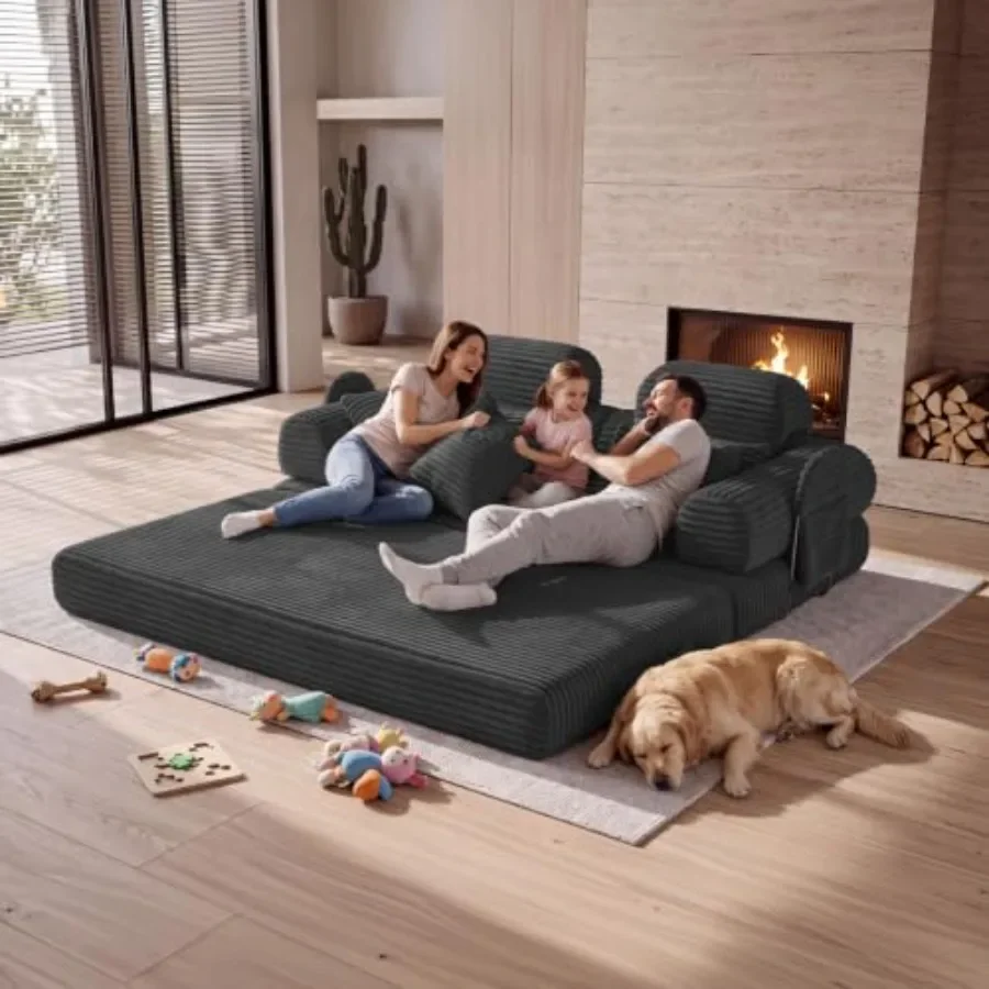 for Living Room, High Back Futon Sofa Bed Set: Fabric, Gray, Converts Easily from Sofa to Full-Size Bed with Sturdy Wooden Fram