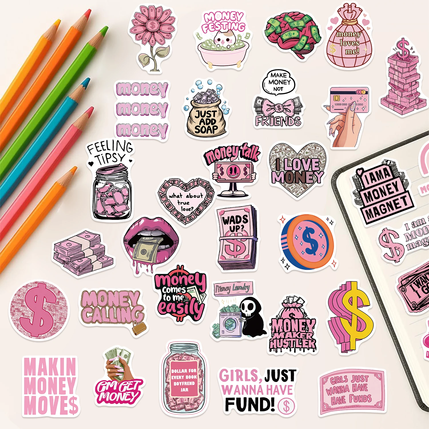 50pcs Pink Money Inspirational Aesthetic Stickers Notebook Water Bottle Luggage Book Theme Stickers Vinyl Sticker Pack