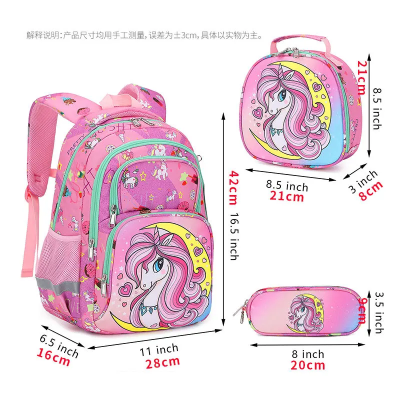 3pcs Set Girl Unicorn Pink Backpack BAG School Book Bags Students Multi Layer Lunch Bag Pencil Case Reflective Strip